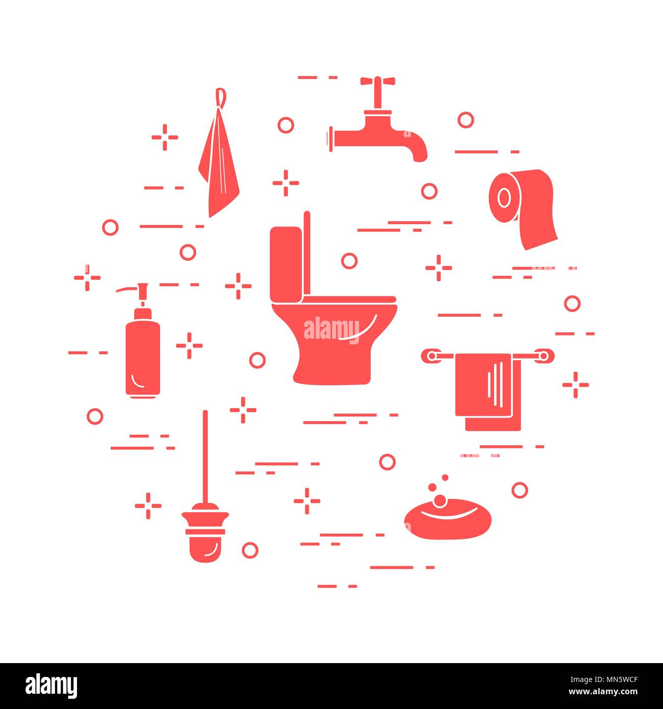 Toilet bowl, toilet paper, soap dispenser, brush for toilet bowl, soap