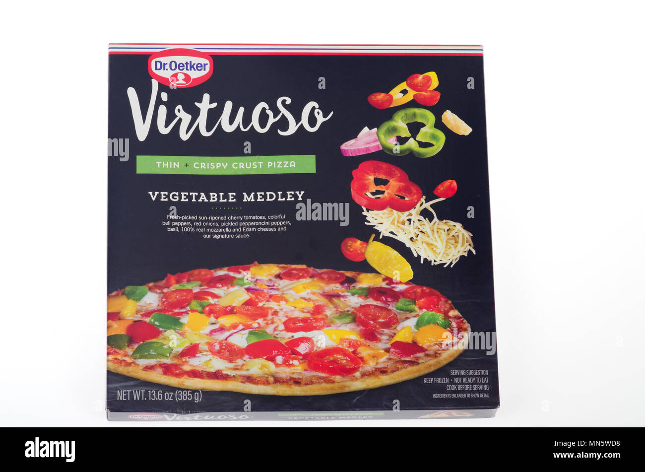 Dr. Oetker Frozen vegetable medley thin crispy crust pizza Stock Photo