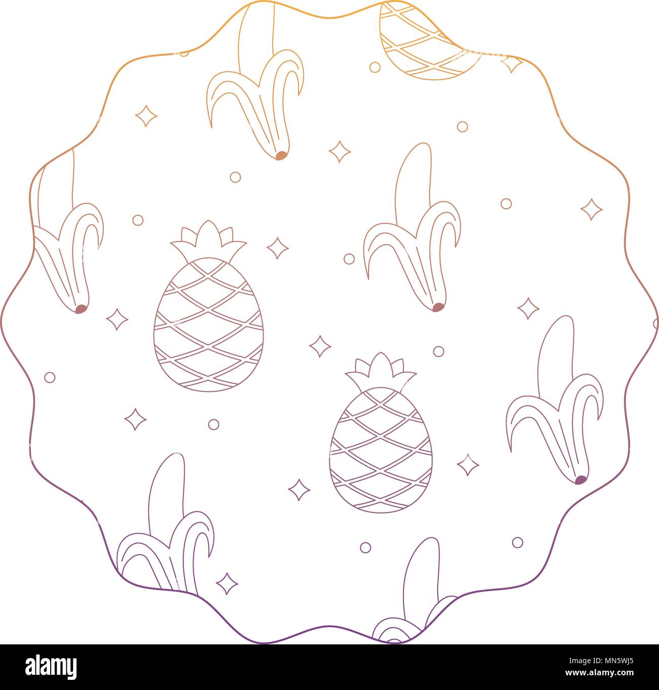 circular frame with pineapples and bananas pattern over white background, vector illustration Stock Vector