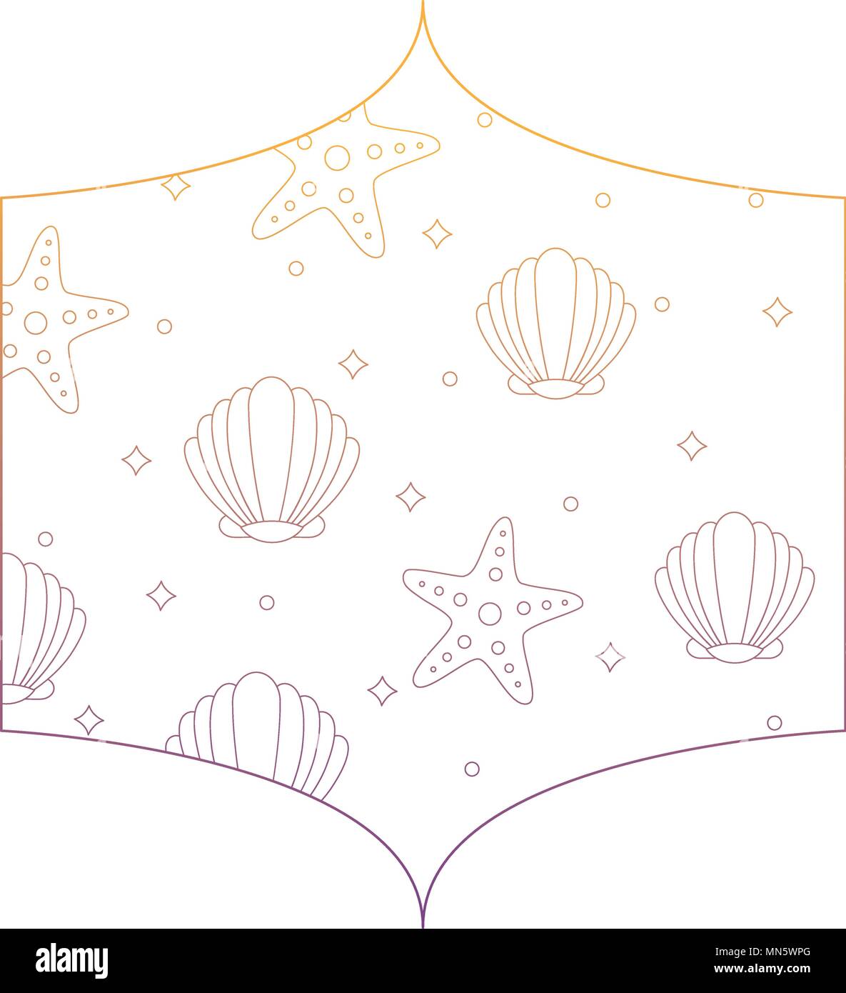decorative frame with seashell and sea stars pattern over white background, vector illustration Stock Vector