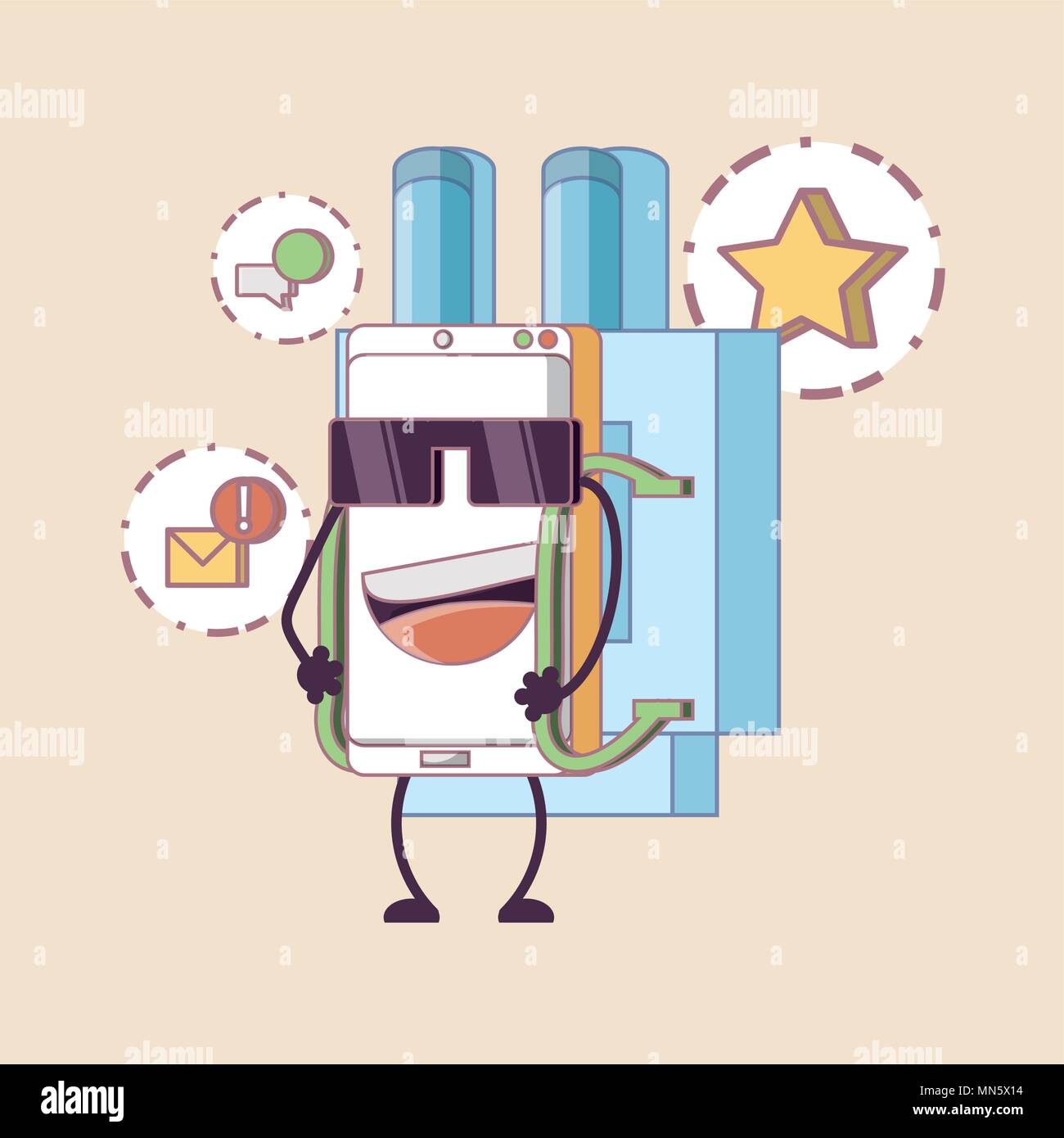 cartoon cool smartphone with social media related icons over white ...