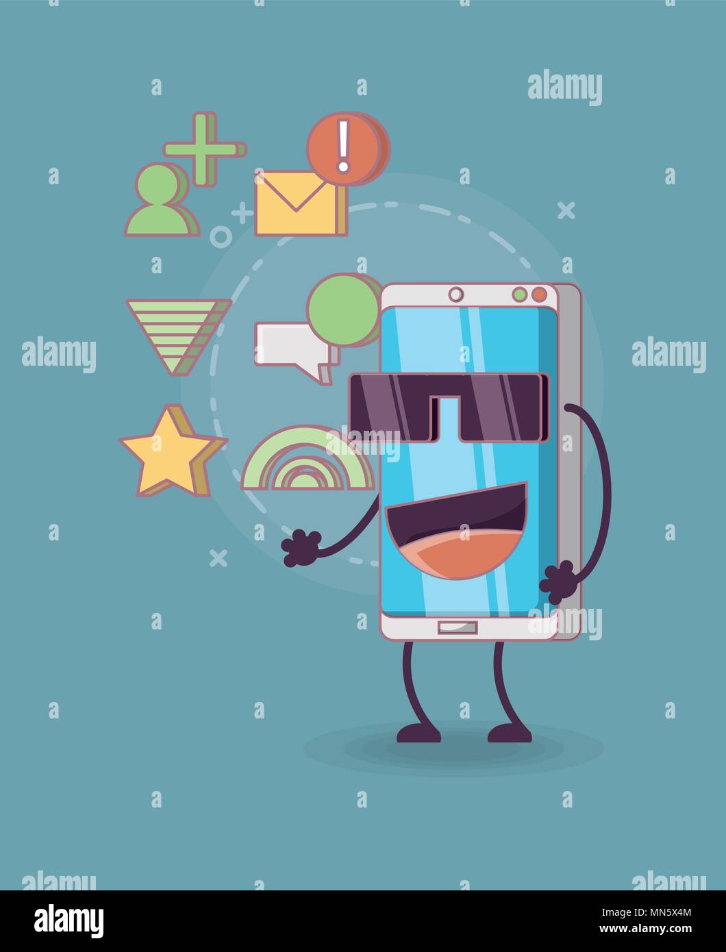 cartoon cool smartphone with social media related icons over blue ...