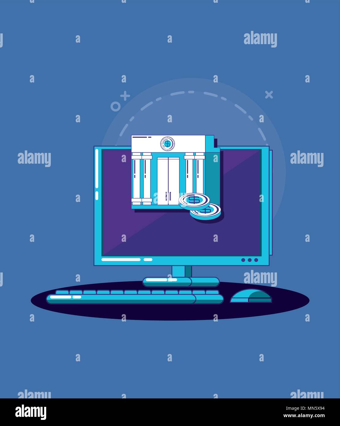 computer and bank building icon over blue background, colorful design ...