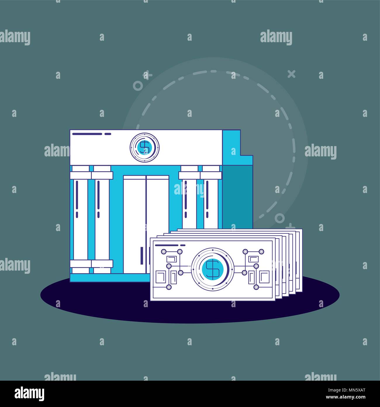 financial technology concept with bank building and money bills over