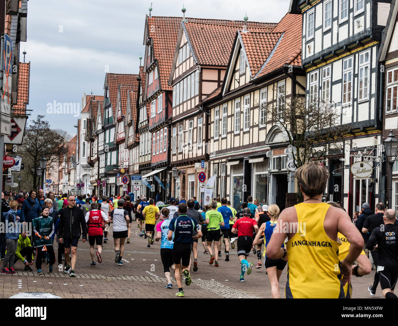 Running event 'Wasalauf', downtown Celle, along half-timbered houses, Celle, Germany Stock Photo