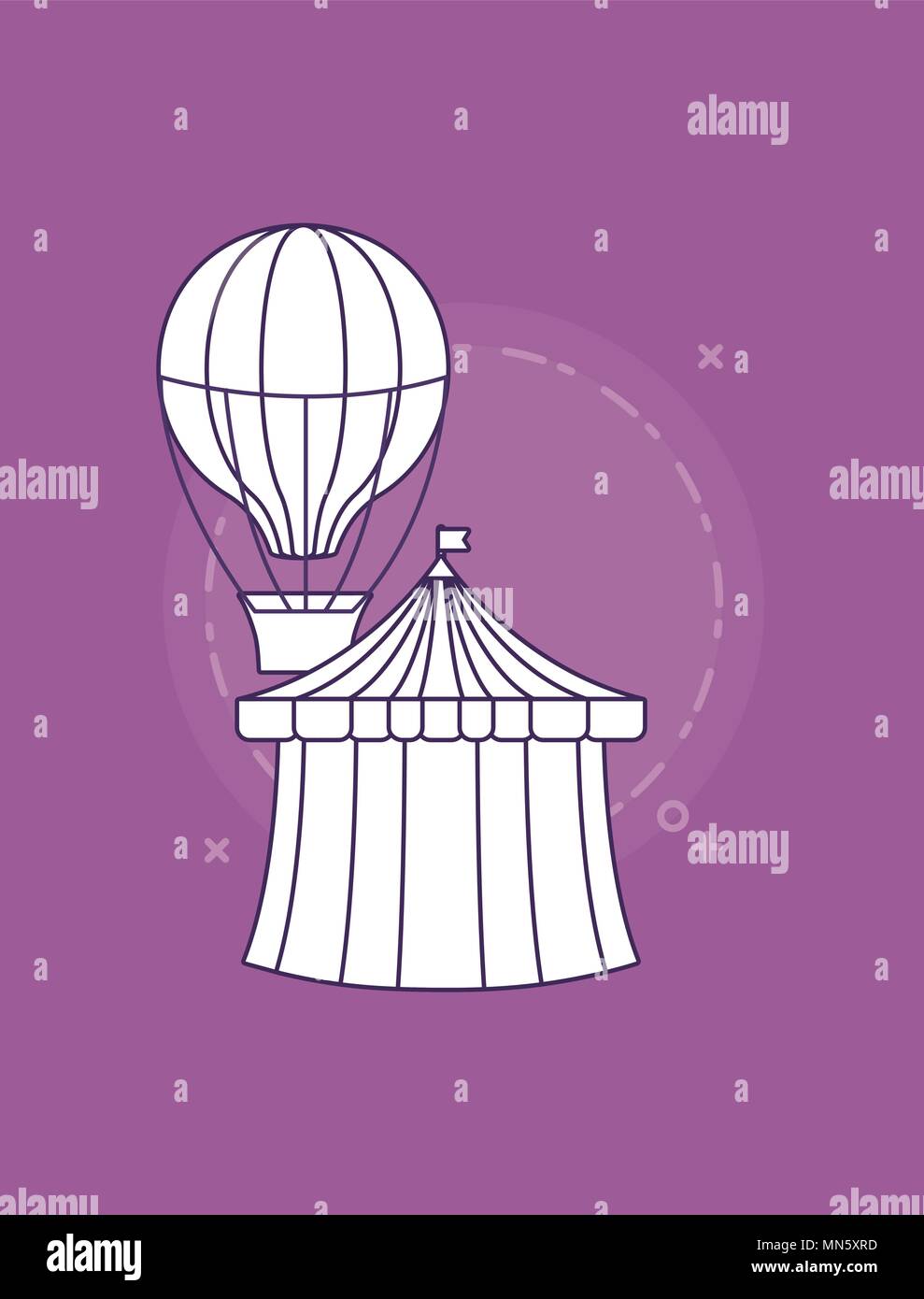 circus tent and hot air balloon over purple background, colorful design ...