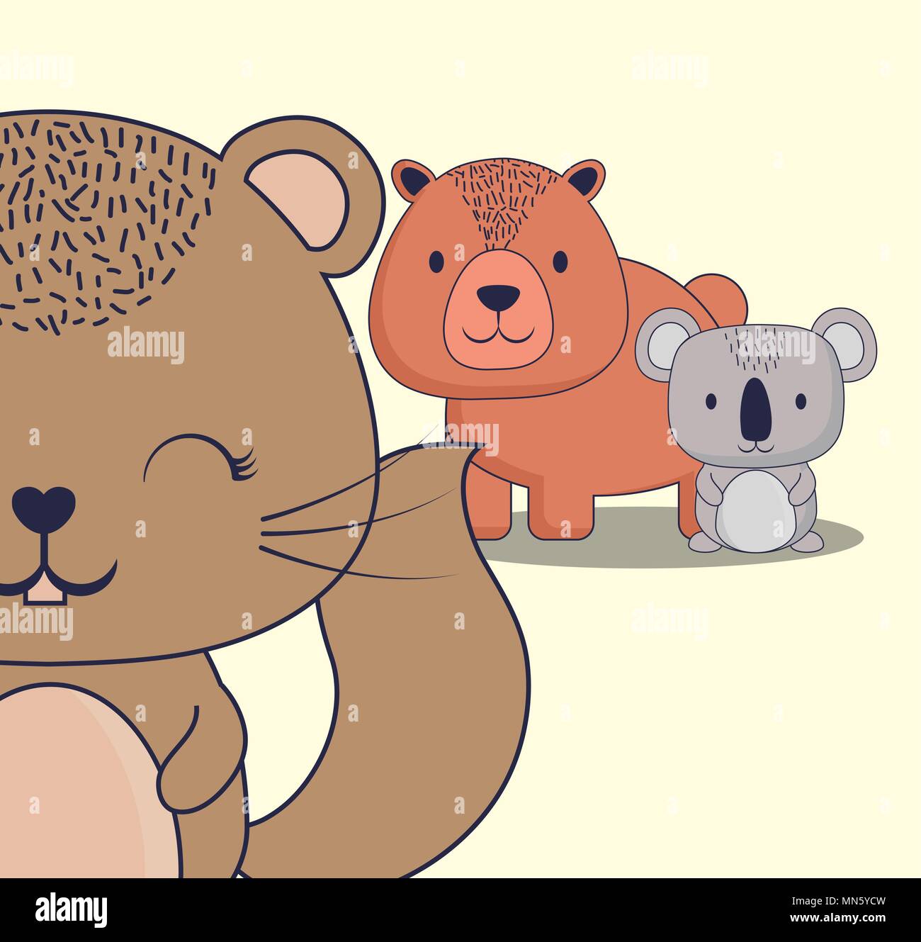 cute squirrel with bear and koala over white background, colorful