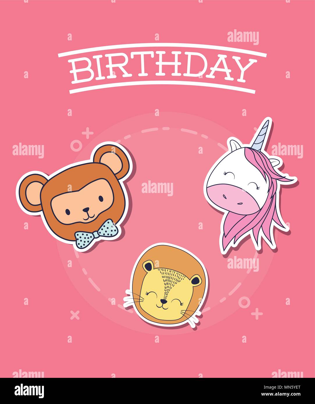 Happy birthday design with cute unicorn with monkey and lion over pink ...