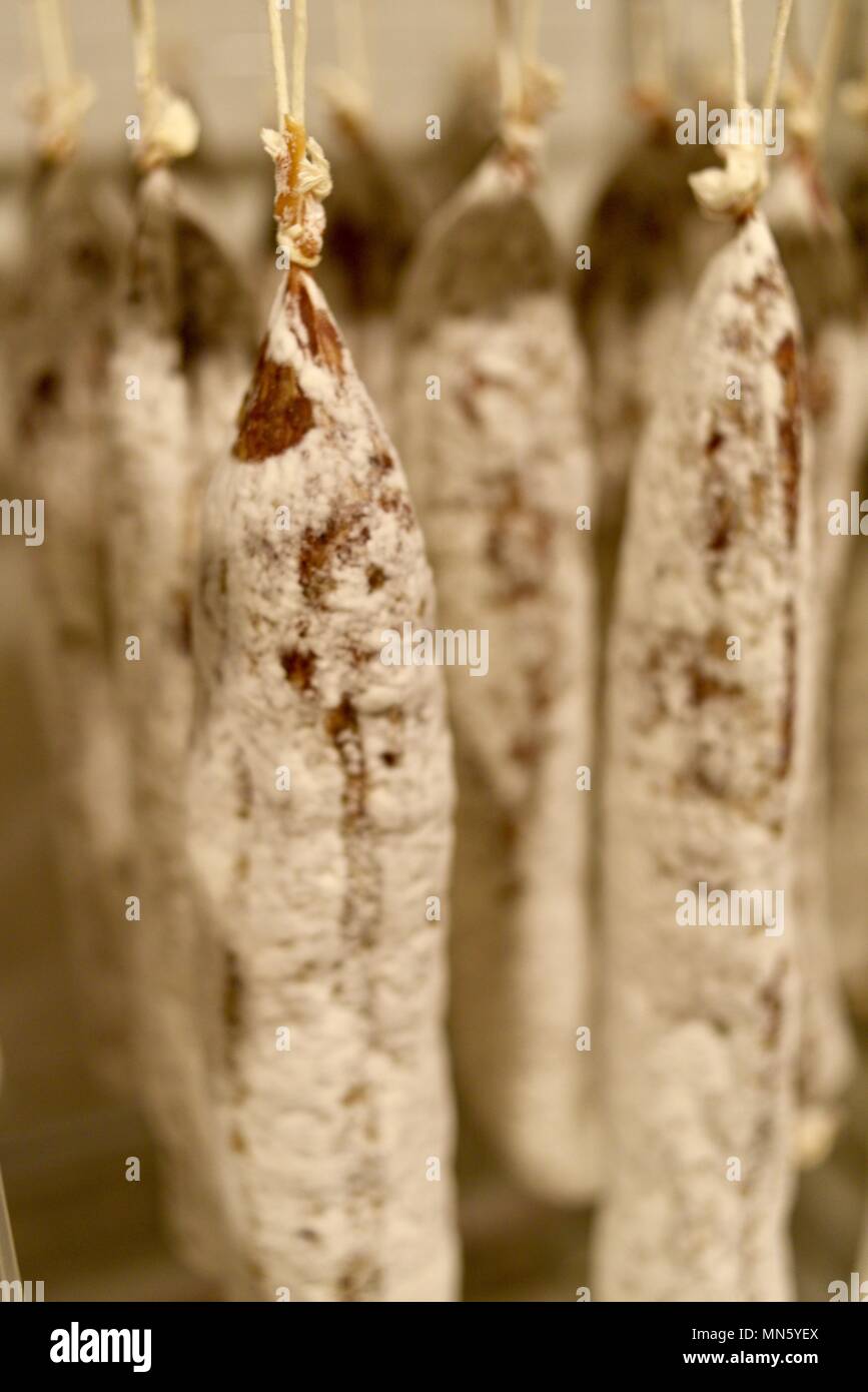 Sausage hanging and curing, house made, gourmet cured heritage Texas