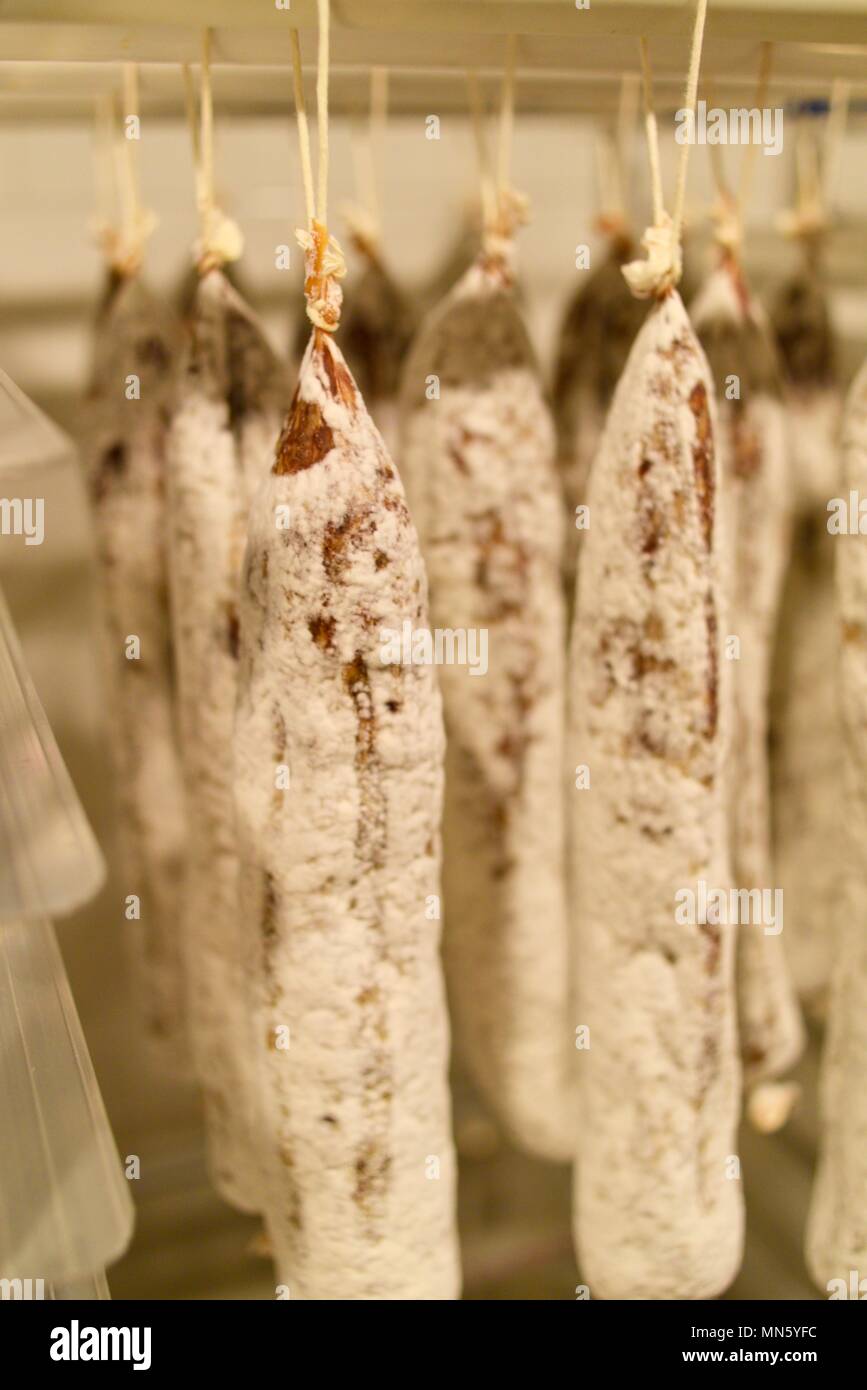 Sausage hanging and curing, house made, gourmet cured heritage Texas