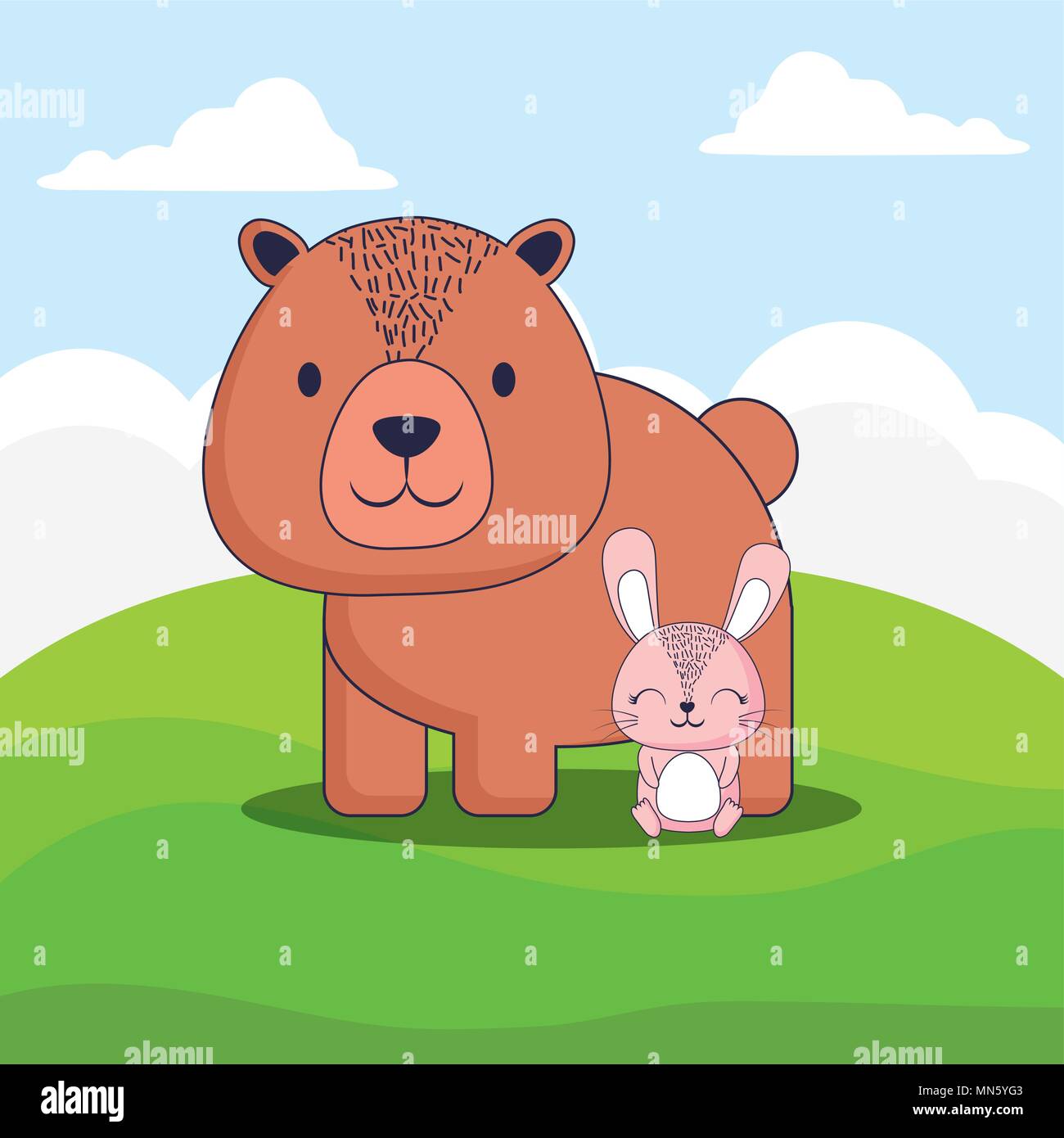 cute bear and rabbit over landscape background, colorful design. vector ...