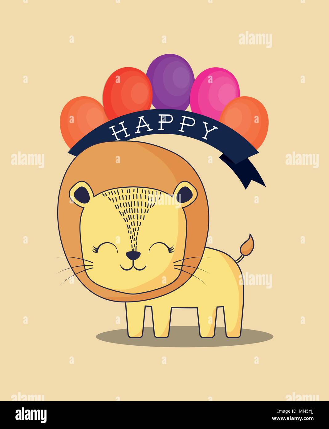 Happy birthday design with cute lion and balloons over yellow ...
