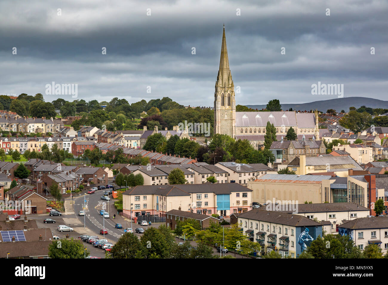 St Eugene's Cathedral and town of Londonderry/Derry, County Derry, Northern Ireland, UK Stock Photo
