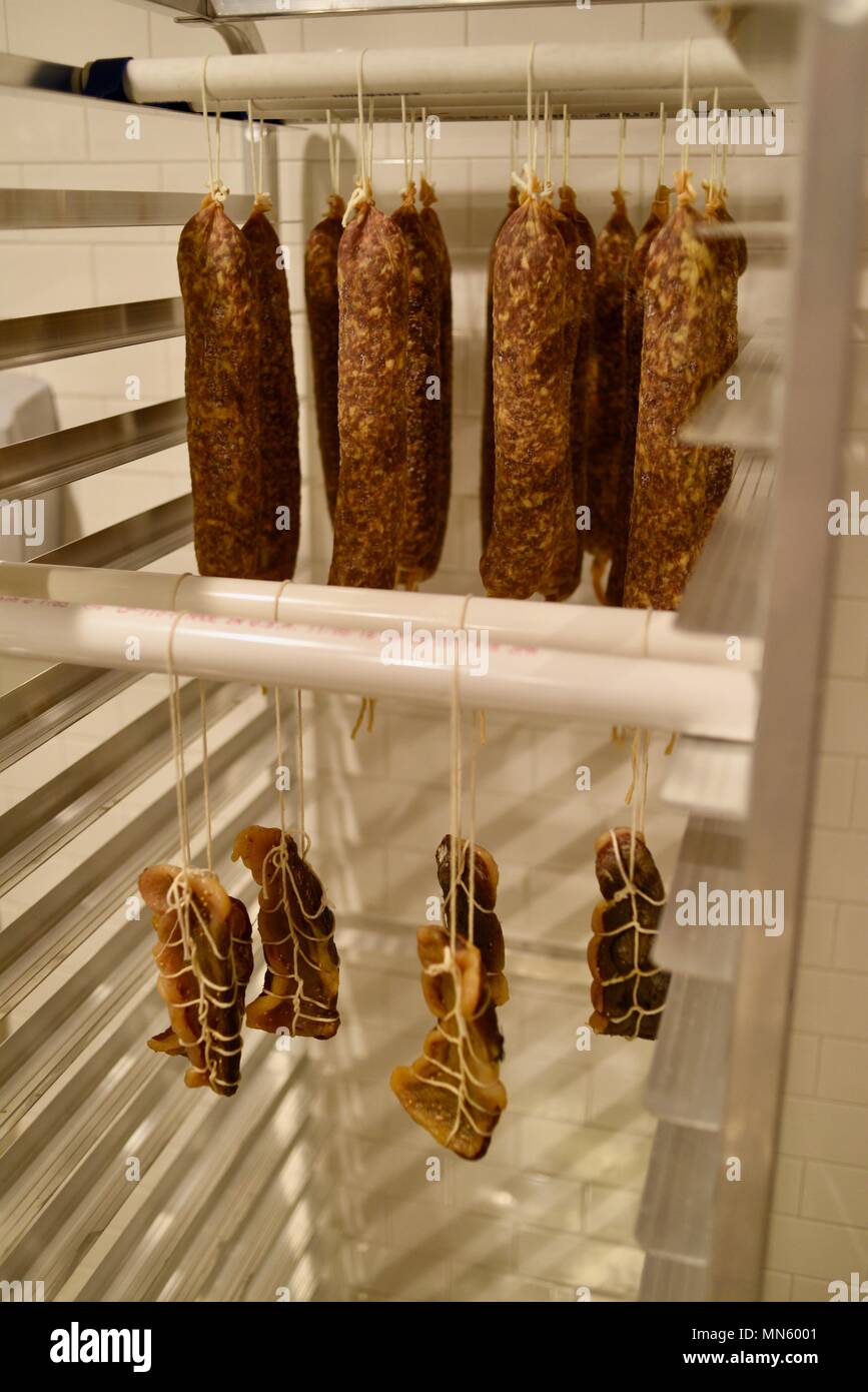 Sausage hanging and curing, house made, gourmet cured heritage Texas