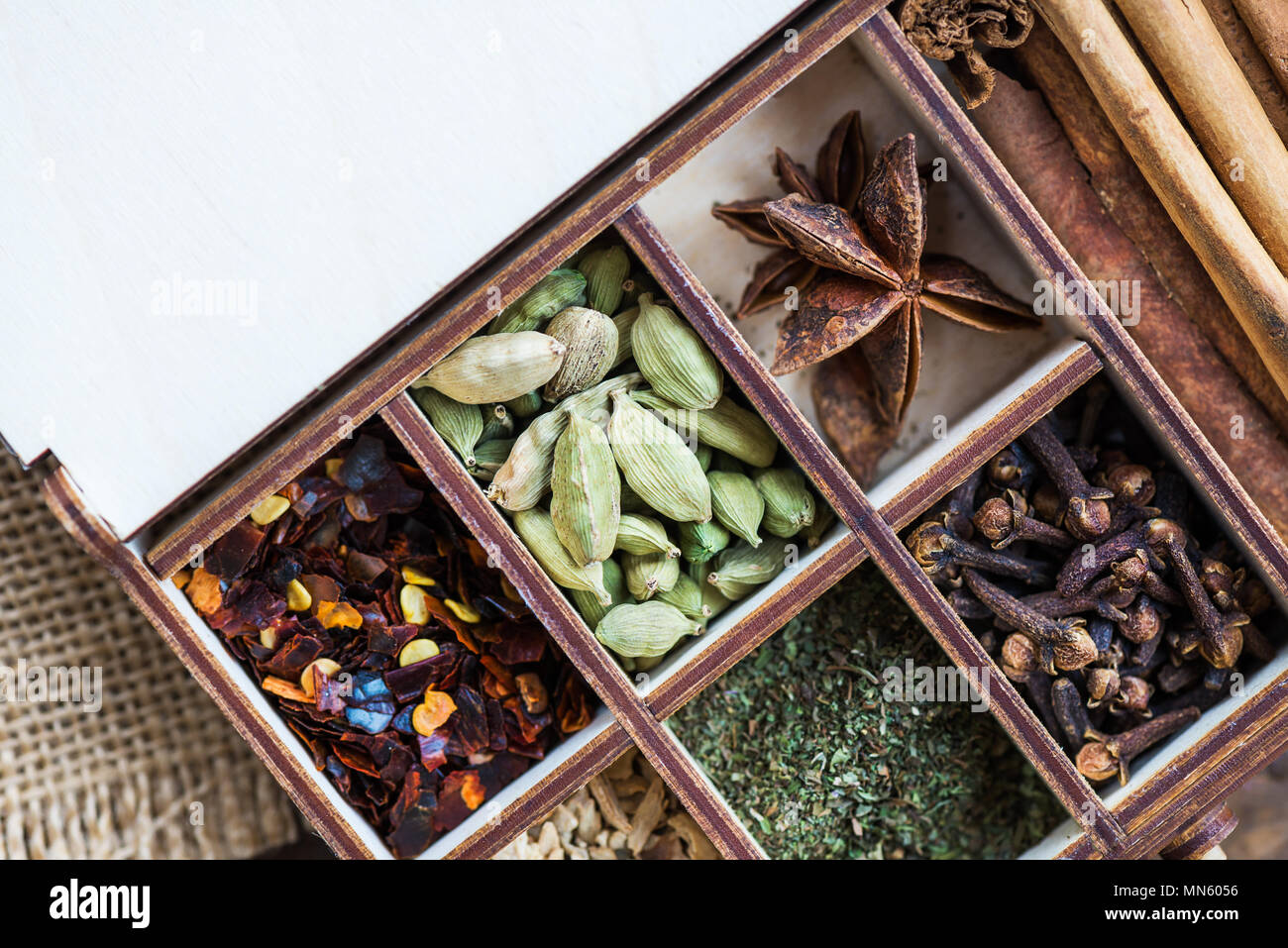 Box with variety of dried spices, such as ginger, mint, clove, chili