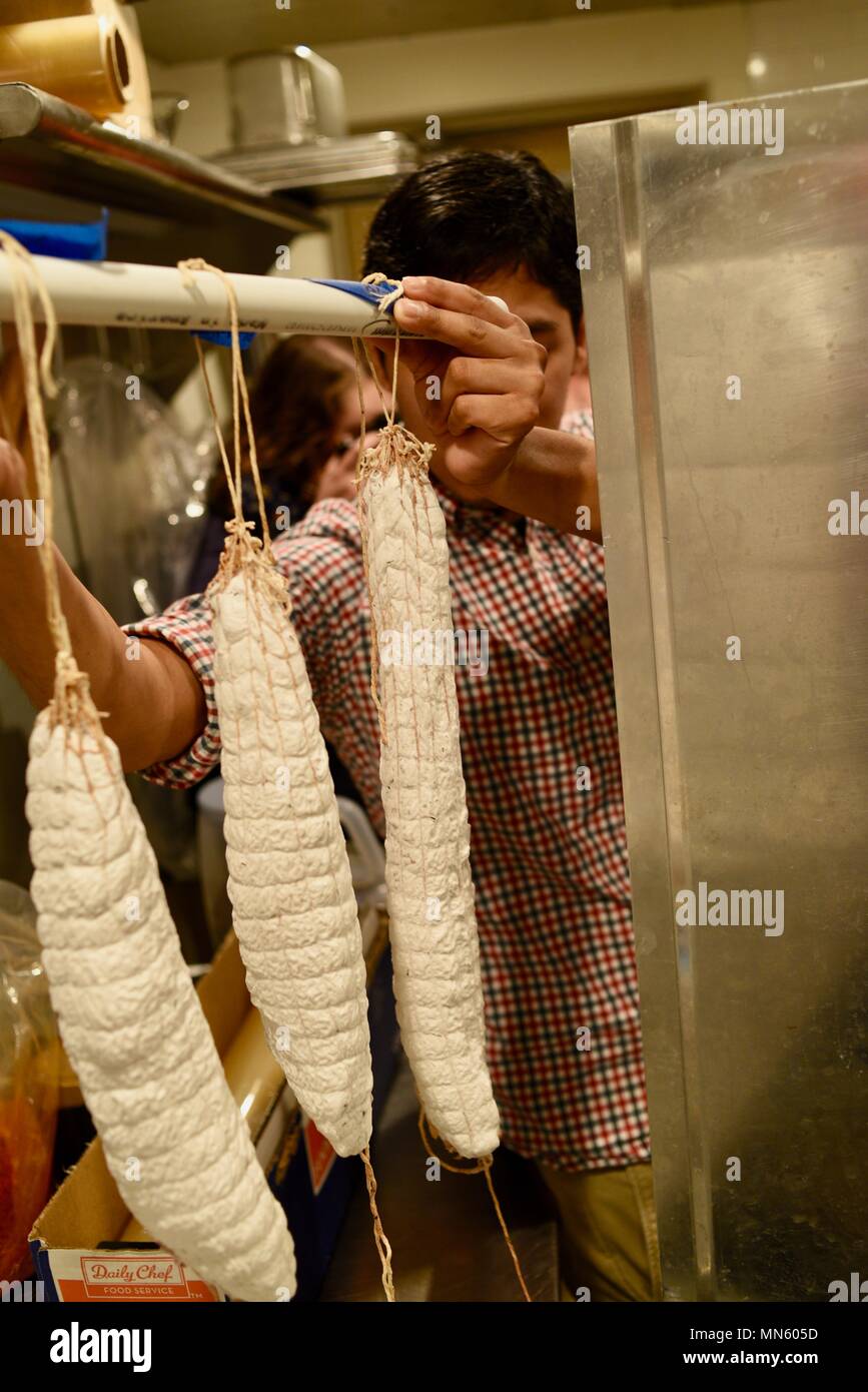 Sausage hanging and curing, house made, gourmet cured heritage Texas