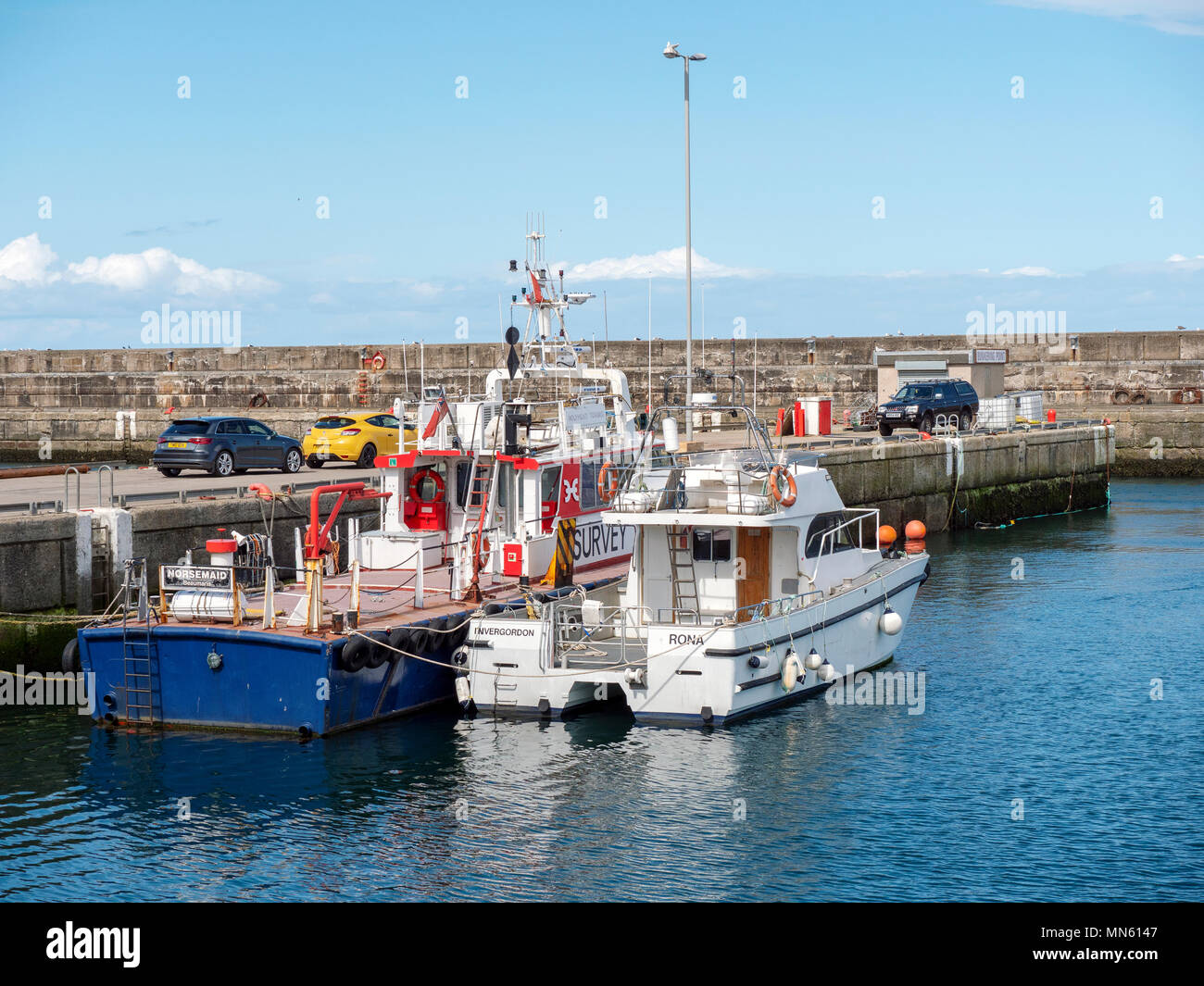 Boats in Buckie Harbour, Moray, Scotland Stock Photo