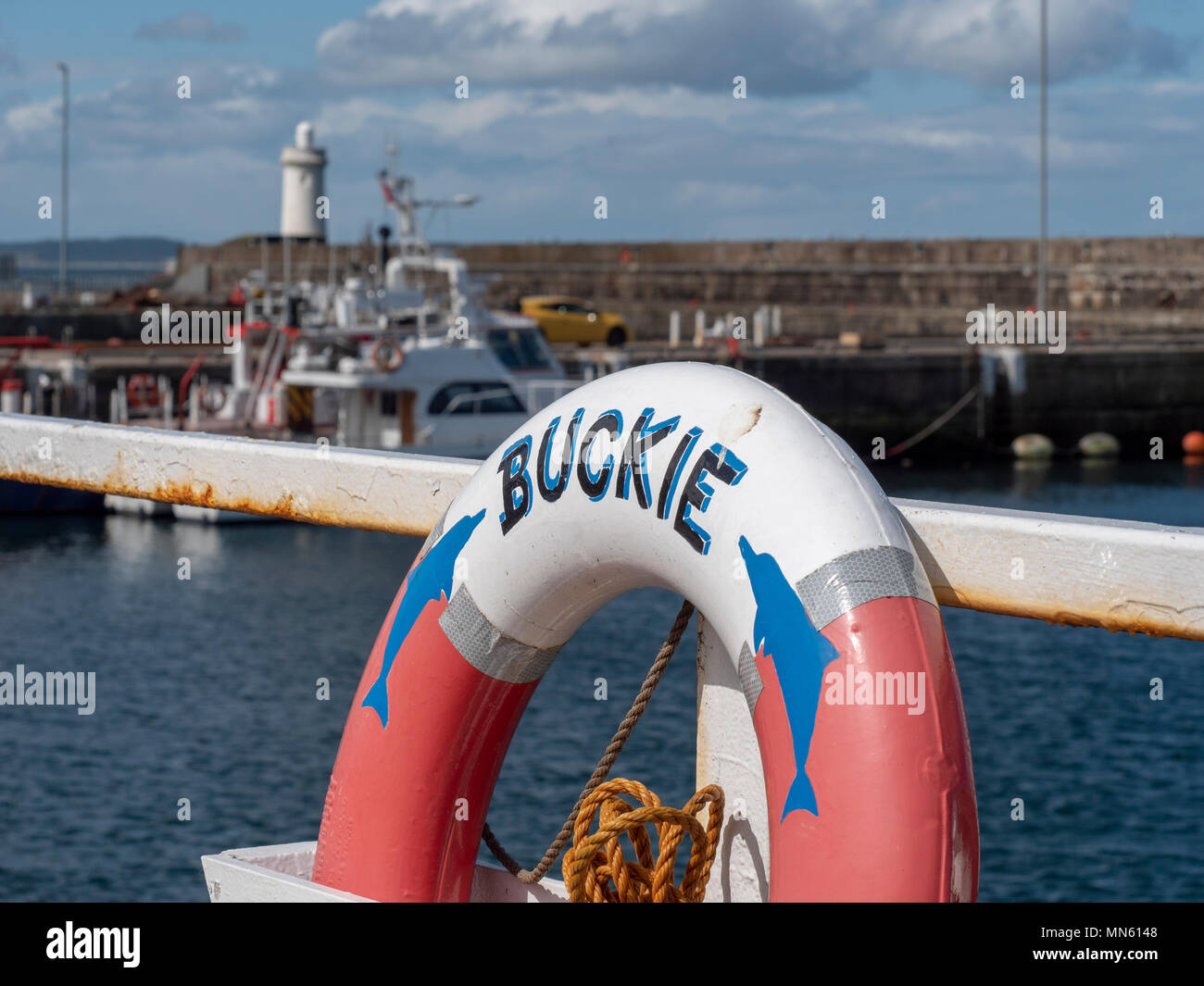 A lifebouy at Buckie Harbour, Moray, Scotland Stock Photo