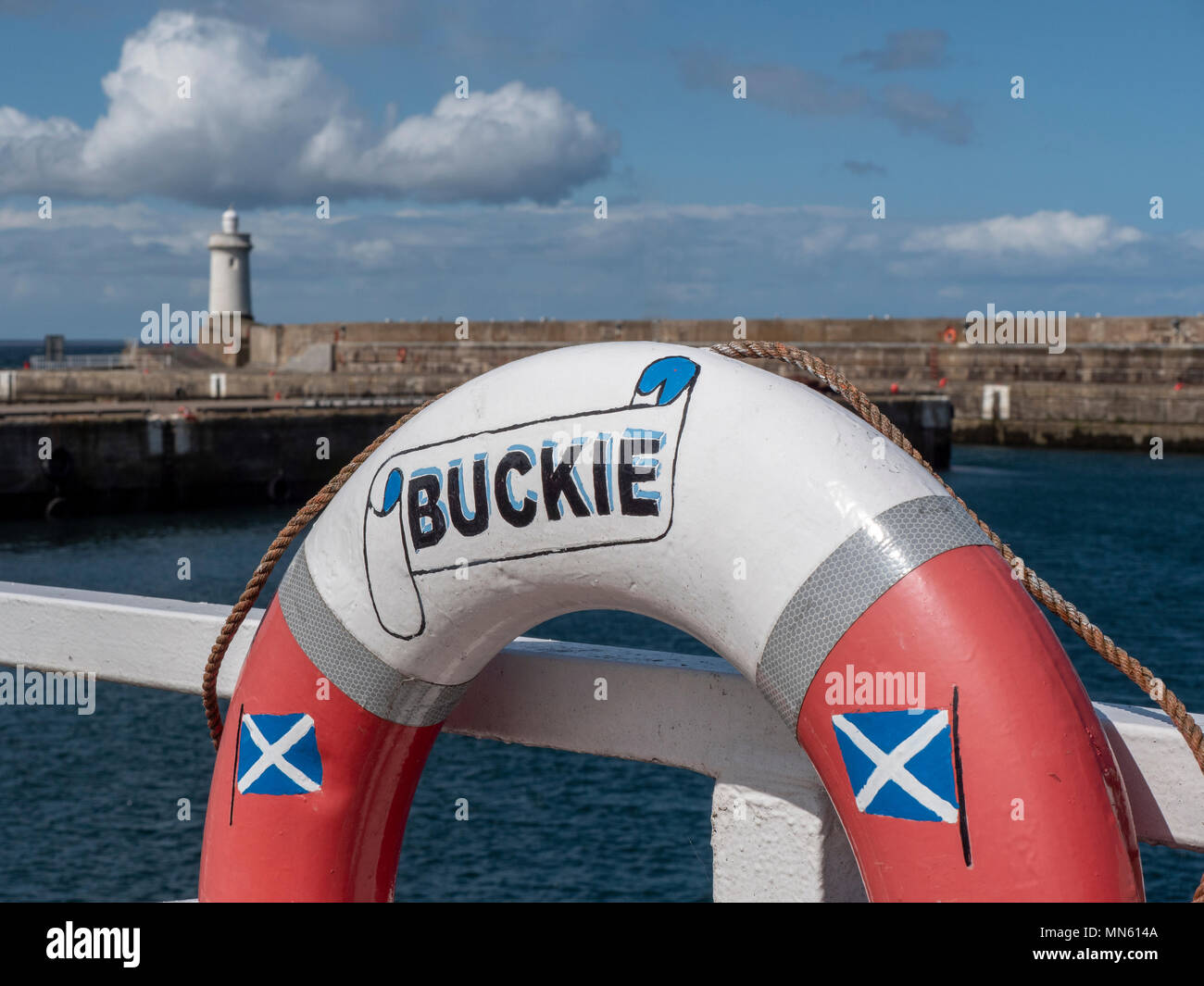 A lifebouy at Buckie Harbour, Moray, Scotland Stock Photo