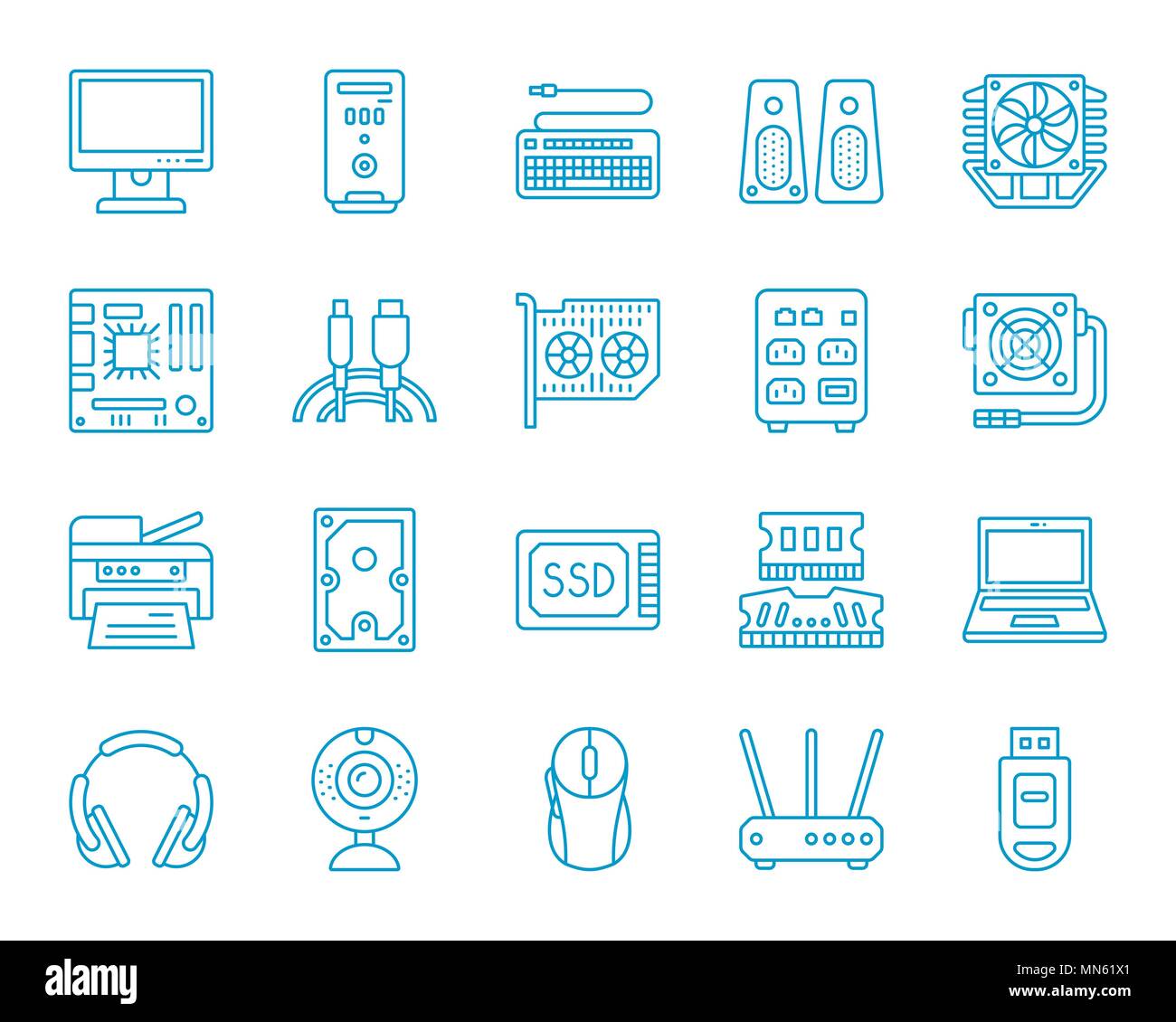 Computer thin line icons set. Outline monochrome web sign kit of electronics. Computer linear icon collection includes processor, hdd, printer. Simple Stock Vector