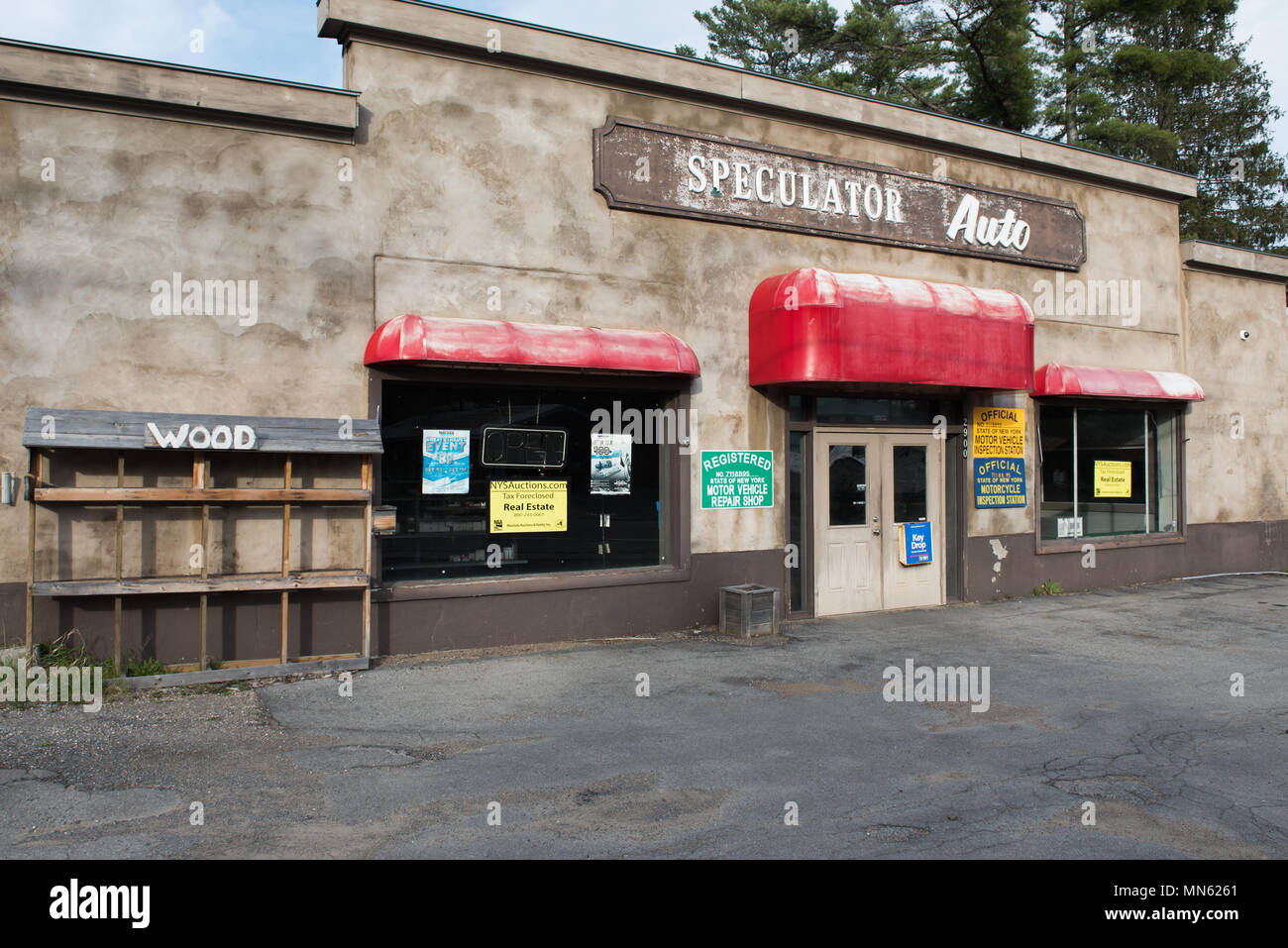 A building from a failed business up for auction due to tax foreclosure in Speculator, NY USA Stock Photo