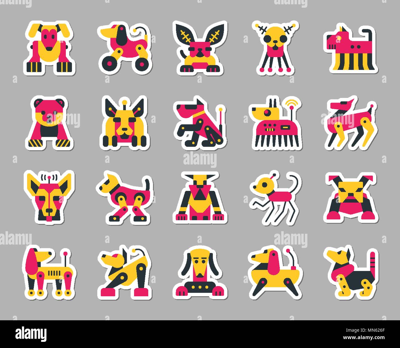 Robot Dog sticker icons set. Web flat sign kit of pet. Robot Dog icon collection includes transformer, machine, cyborg. Simple colorful symbol for pat Stock Vector