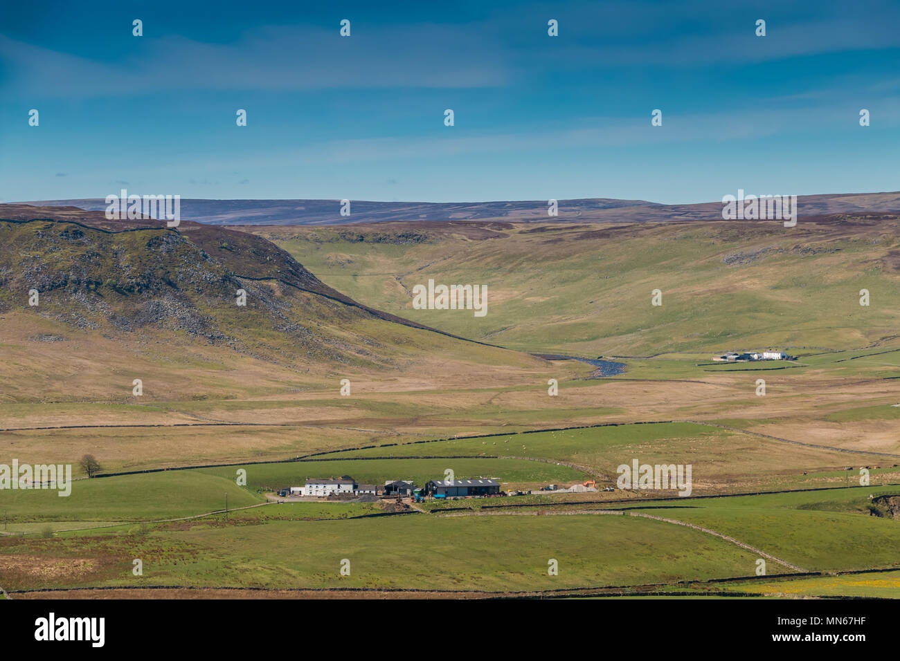 North Pennines Landscape, view towards Cronkley Scar and Widdybank Fell over  Langdon Beck from High Hurth Edge, Upper Teesdale, on a fine spring day Stock Photo