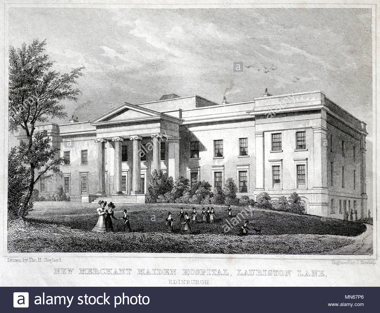 New Merchant Maiden Hospital, Lauriston Lane, Edinburgh, antique engraving from 1829 Stock Photo