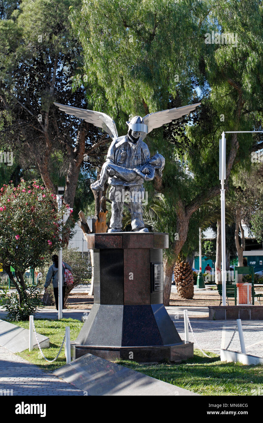 Memorial in the town square, Puerto madryn, Argentina, Patagonia,to firefighters or bomberos. Winged saviours. Stock Photo
