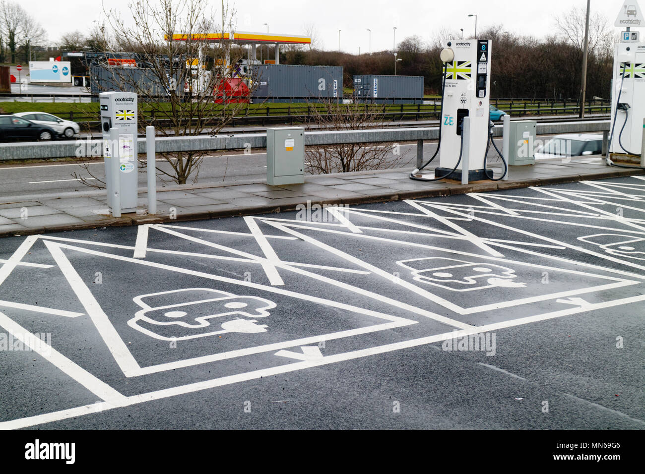 Electric vehicle plug in places in a motorway services car park in