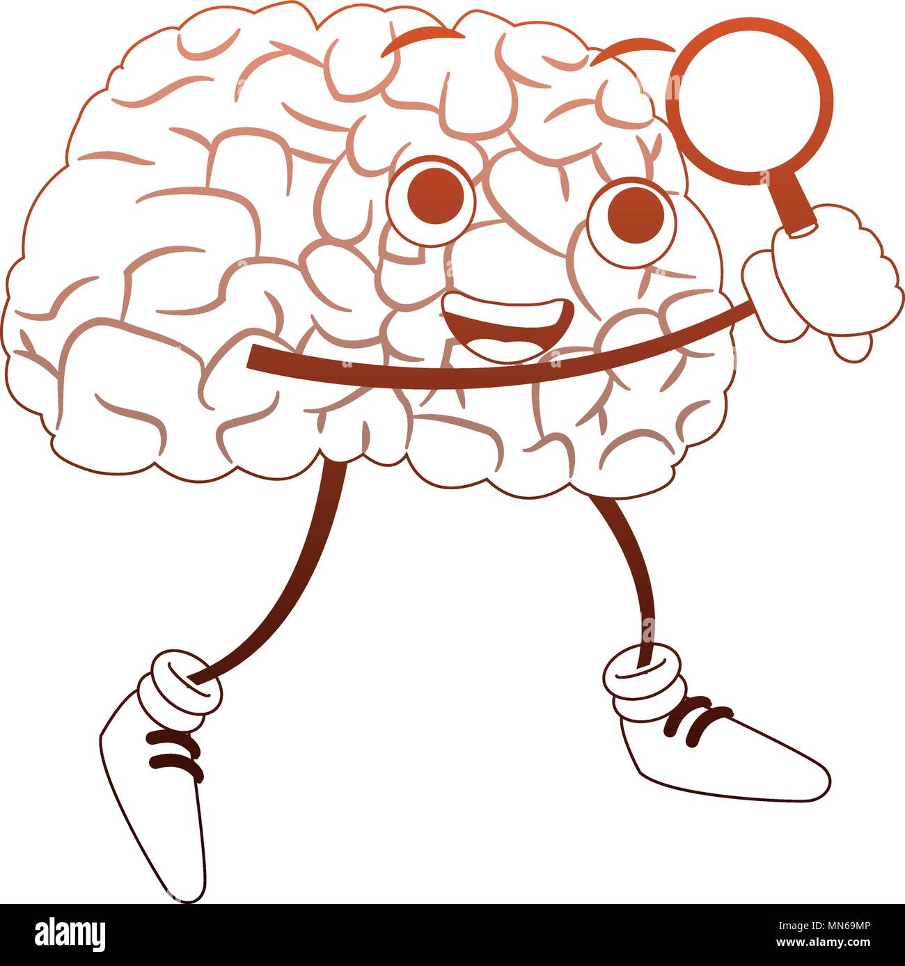 Funny brain cartoon with magnifying glass in orange and ...