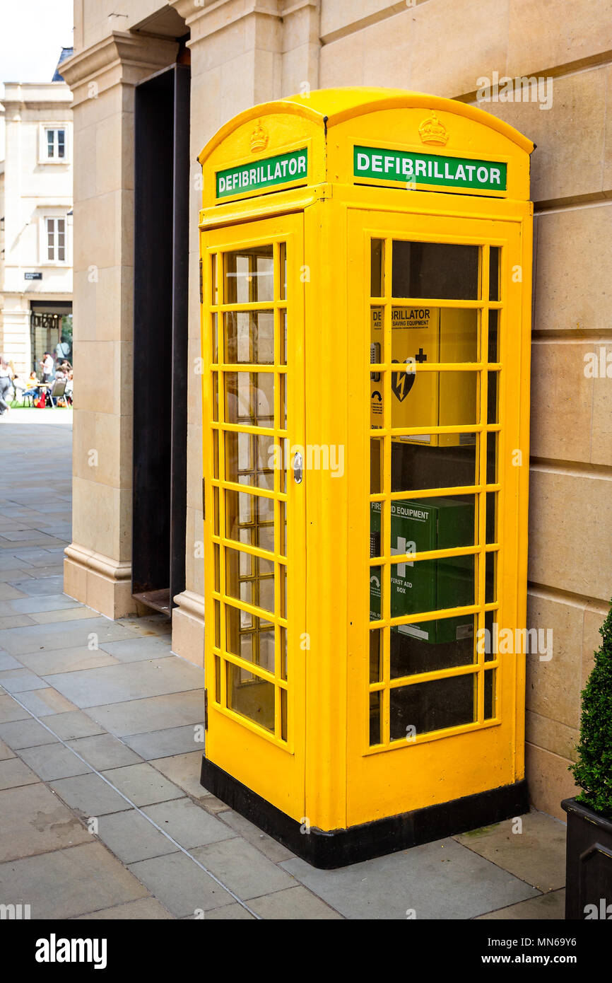Defibrillator in yellow telephone kiosk in Southgate Shopping Centre