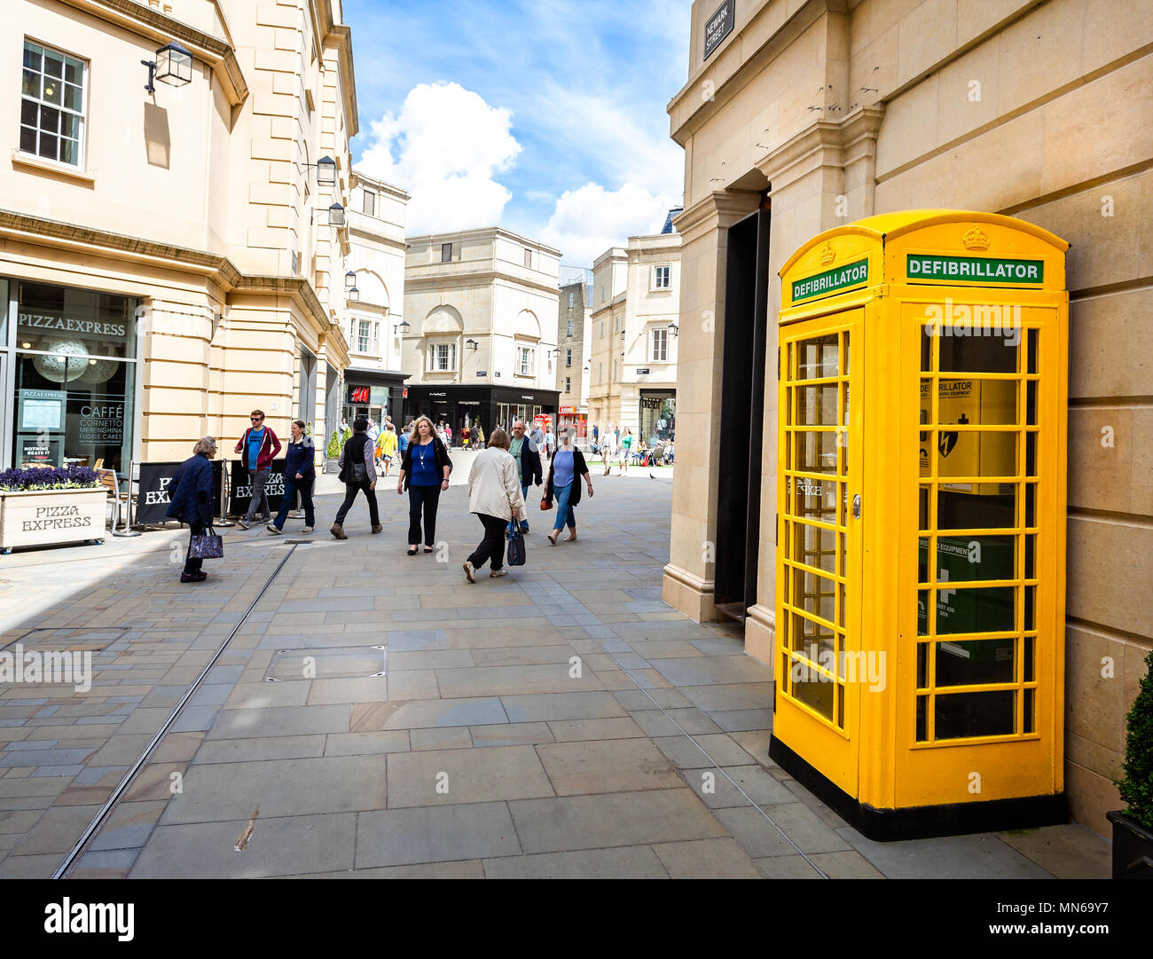 Defibrillator in yellow telephone kiosk in Southgate Shopping Centre