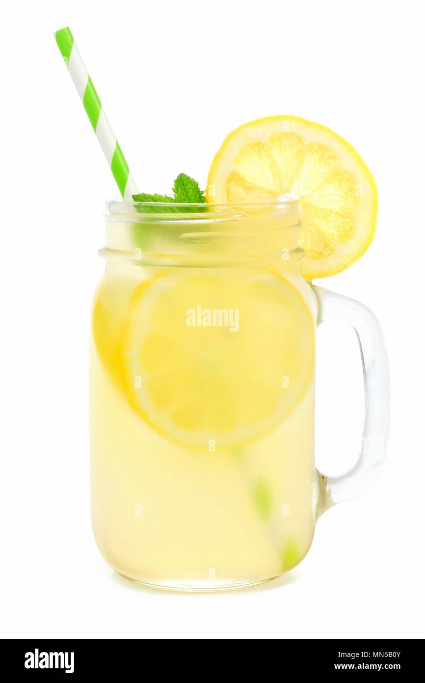 Mason jar glass of lemonade with straw isolated on a white background