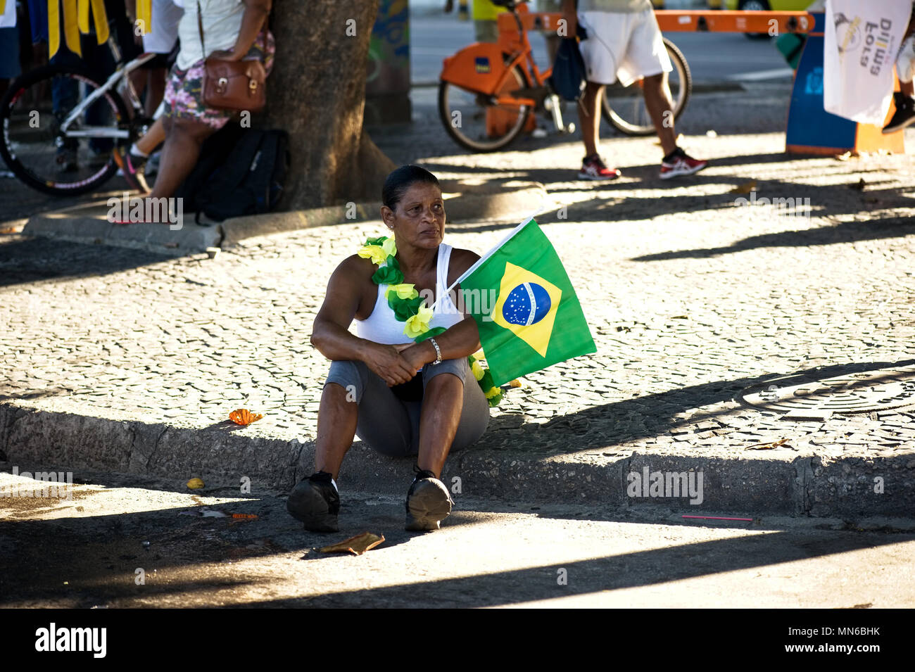 Rio de Janeiro - April 17, 2016: Peaceful demonstration against corruption in Brazil and the government of Dilma Rousseff took over Copacabana beach Stock Photo