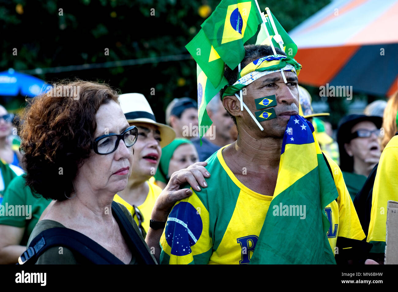 Rio de Janeiro - April 17, 2016: Peaceful demonstration against corruption in Brazil and the government of Dilma Rousseff took over Copacabana beach Stock Photo