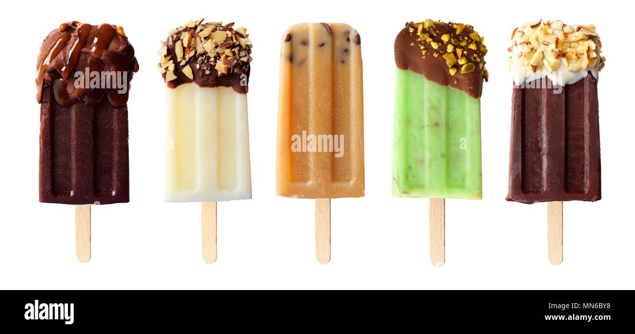 Five assorted chocolate themed popsicles isolated on a white background Stock Photo