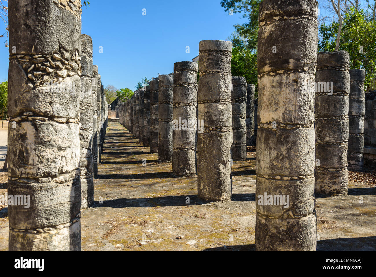 Ruins of Chichen Itza, Columns in the Temple of a Thousand Warriors,  Yucatan, Mexico Stock Photo