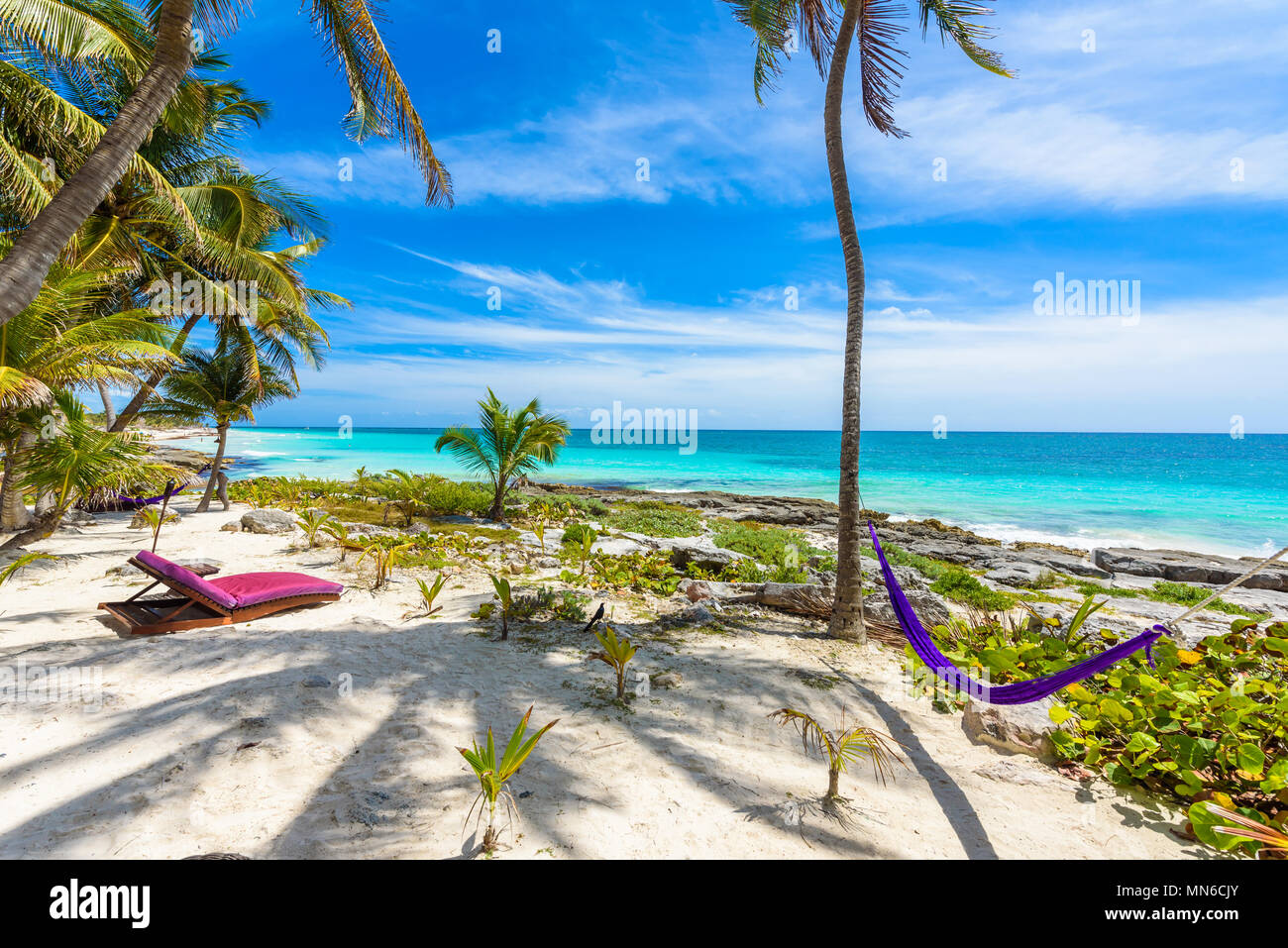 Beach beds and Hammock under the palm trees on paradise beach at