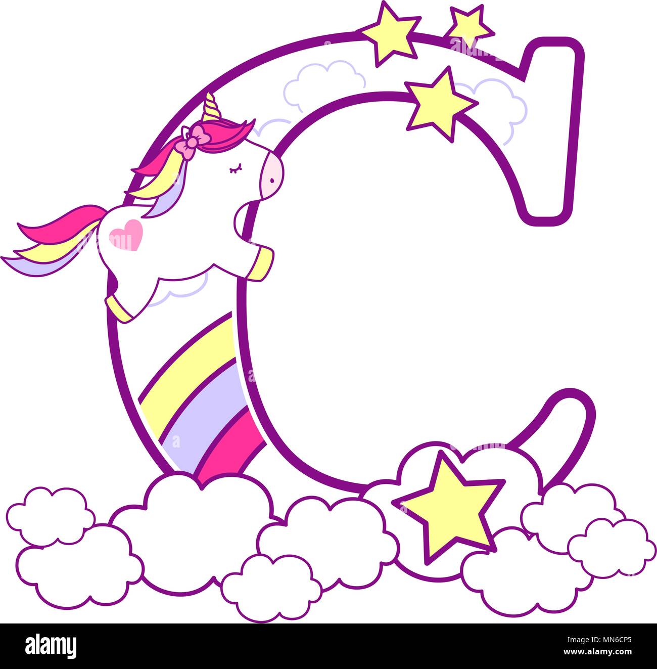 initial c with cute unicorn and rainbow. can be used for baby birth announcements, nursery decoration, party theme or birthday invitation. Design for  Stock Vector