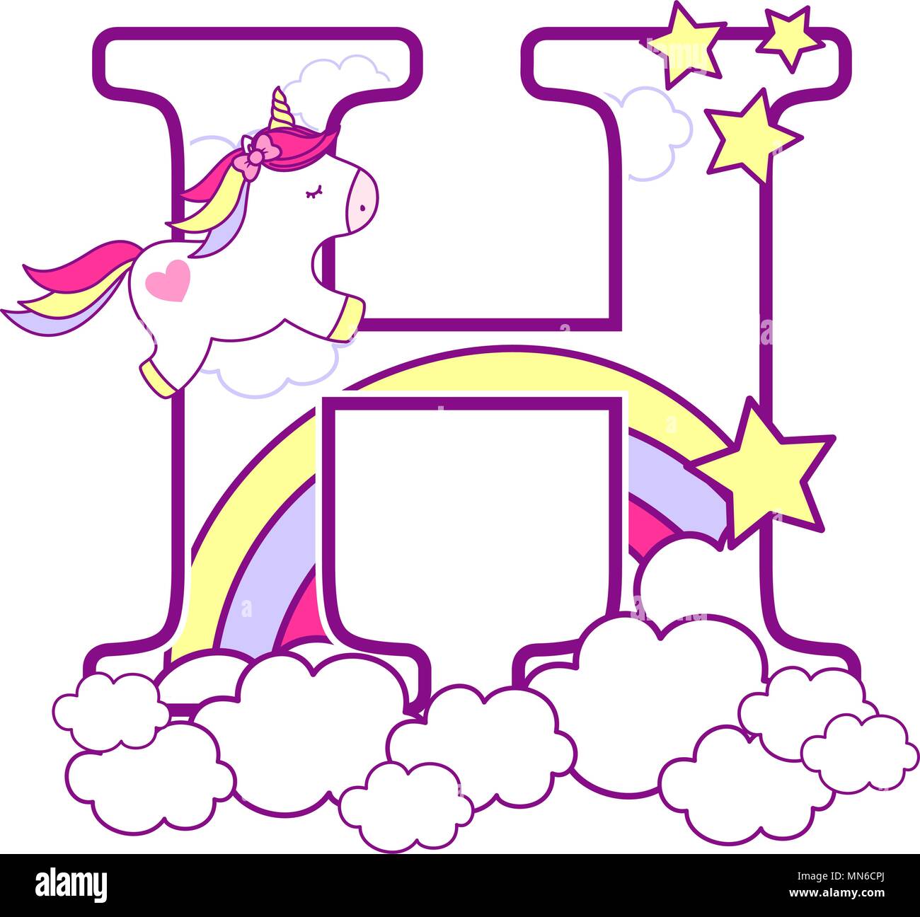 initial h with cute unicorn and rainbow. can be used for baby birth announcements, nursery decoration, party theme or birthday invitation. Design for  Stock Vector