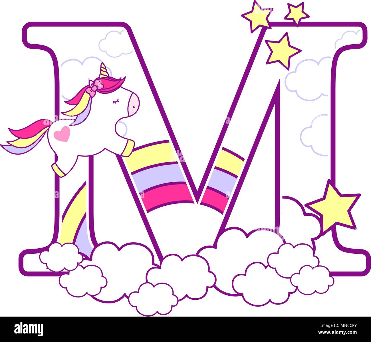 initial m with cute unicorn and rainbow. can be used for baby birth announcements, nursery decoration, party theme or birthday invitation. Design for  Stock Vector