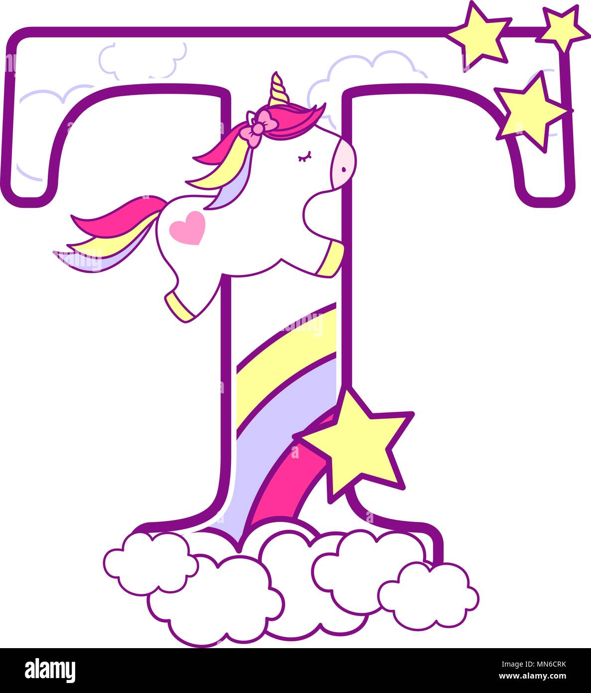 initial t with cute unicorn and rainbow. can be used for baby birth announcements, nursery decoration, party theme or birthday invitation. Design for  Stock Vector