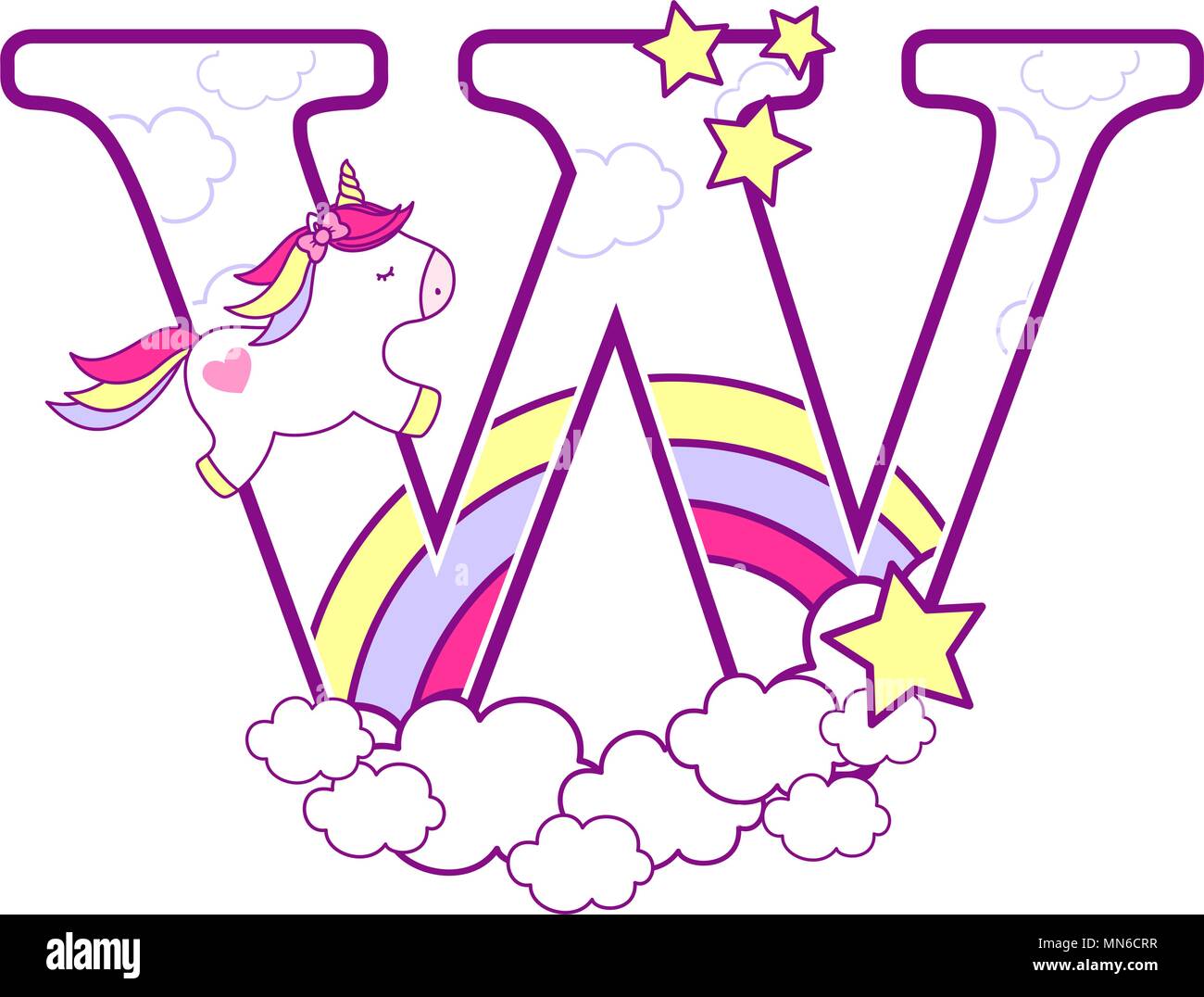 initial w with cute unicorn and rainbow. can be used for baby birth announcements, nursery decoration, party theme or birthday invitation. Design for  Stock Vector