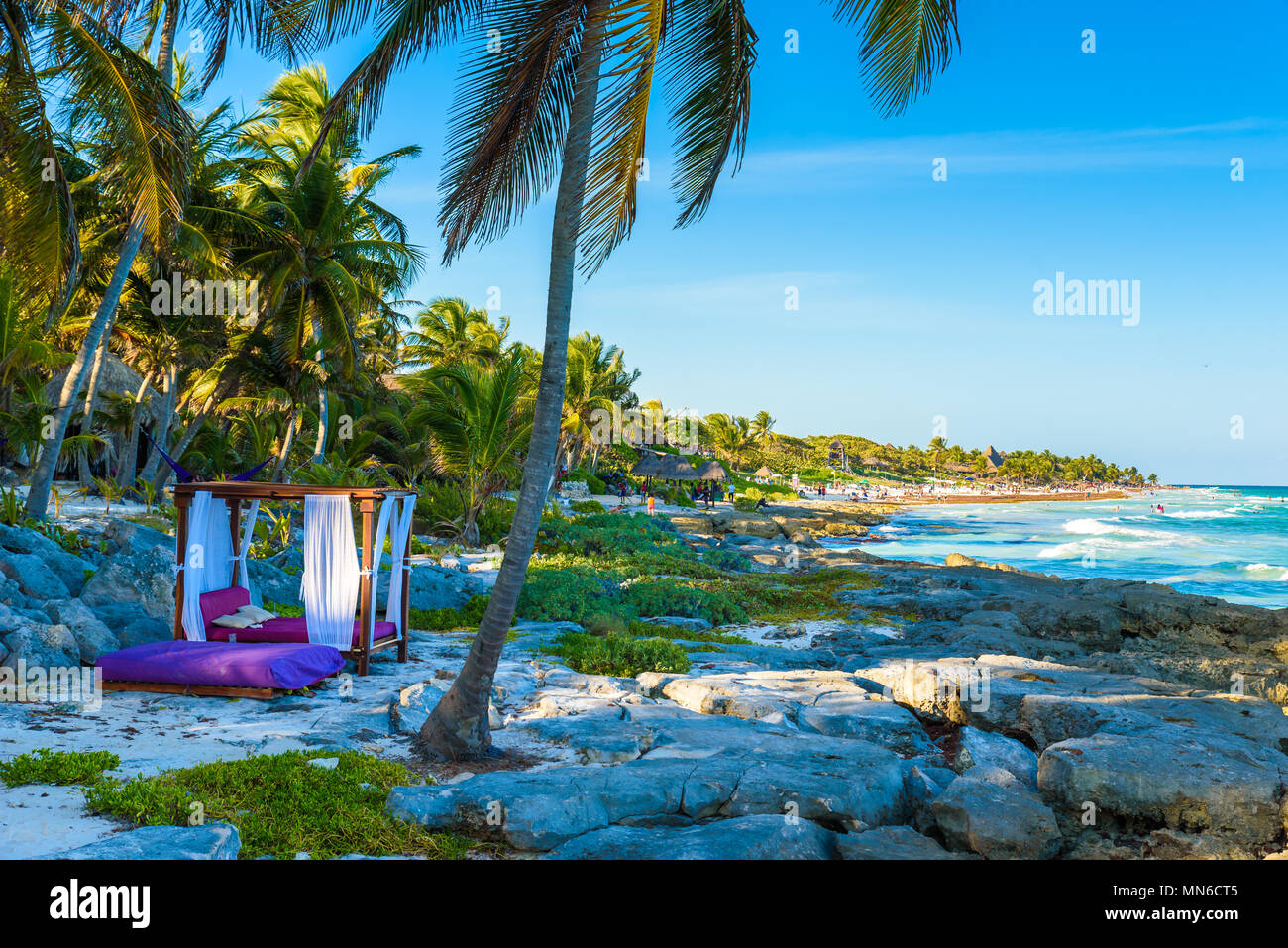 Beach beds under the palm trees on paradise beach at tropical Resort