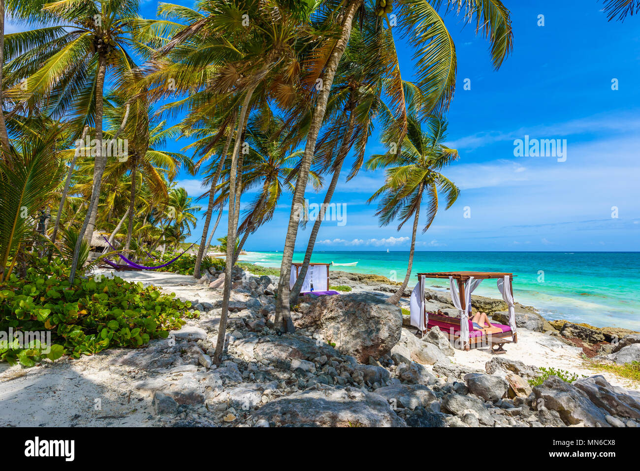 Beach beds under the palm trees on paradise beach at tropical Resort