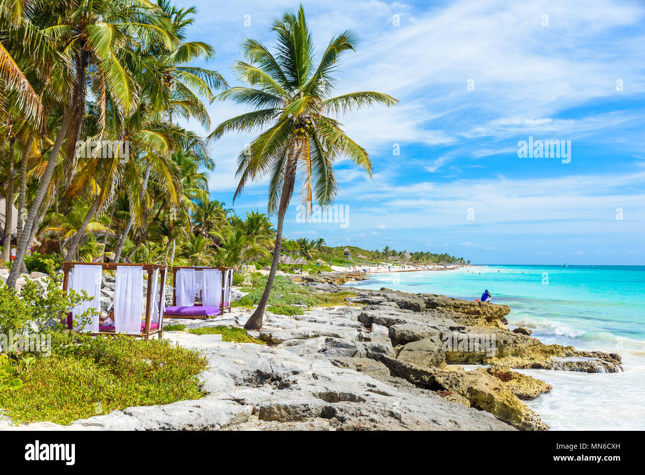 Beach beds under the palm trees on paradise beach at tropical Resort