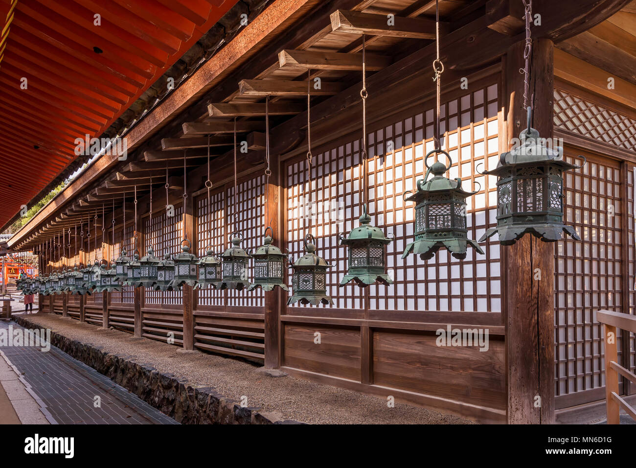 Row of lanterns in the Kasuga shrine of Nara, Japan Stock Photo