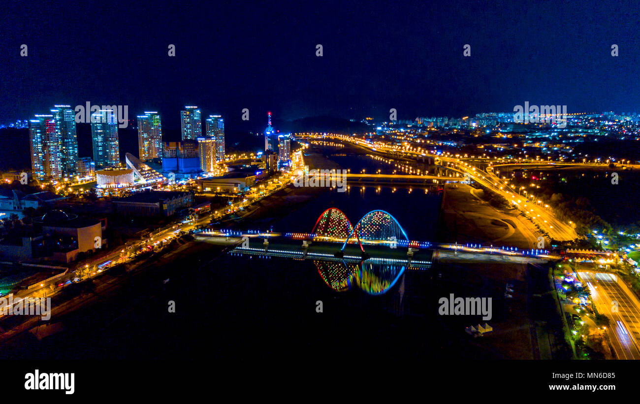 Aerial view of Daejeon city at nighttime, South Korea. Stock Photo