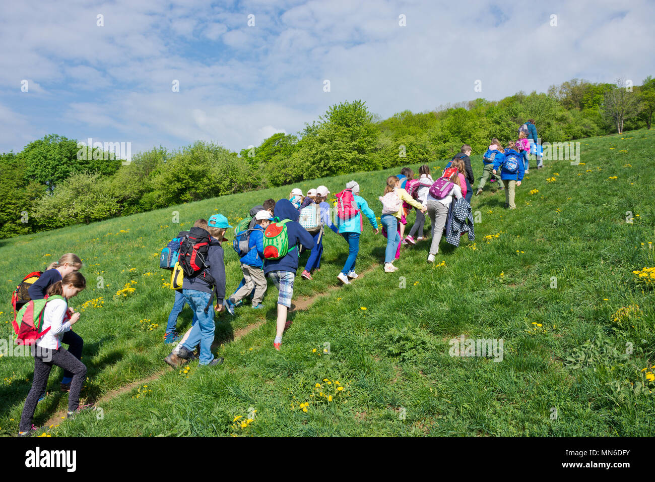 Vienna, Austria - April, 2018: School class on a field trip in a meadow of Vienna Woods. Children enjoy the outdoors on a sunny spring day. Stock Photo